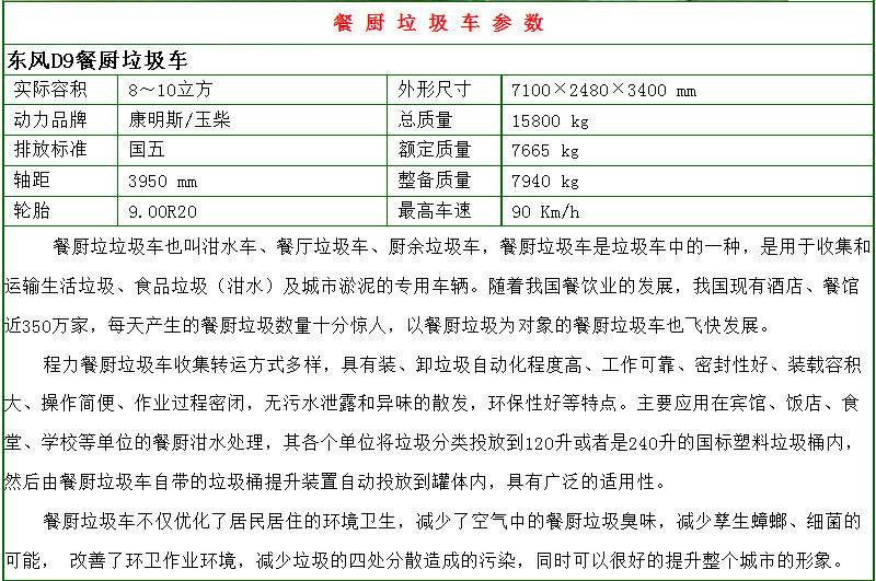 東風多利卡D9餐廚垃圾車配置參數